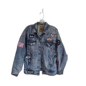 American Eagle Outfitters oversized MTV Jean Jacket with Patches size L rare